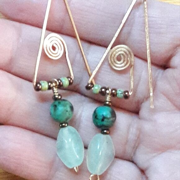 Artisan earrings  431# dangle earrings African Turquoise gemstone Brass crafted - Picture 3 of 4